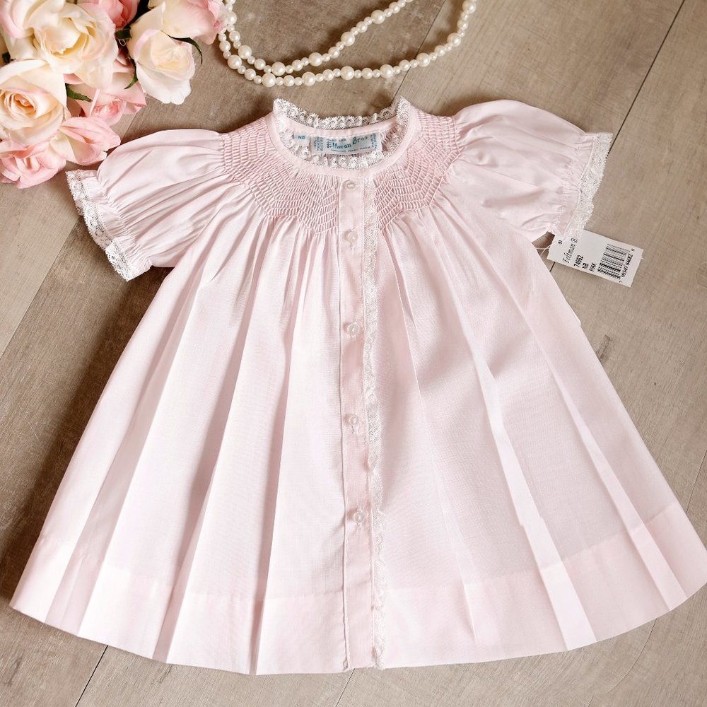 Pink Smocked Heirloom Day Gown Dress Newborn Lace Feltman Brothers NWT